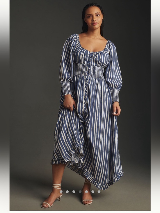 Anthropologie Dresses & Skirts - Anthropologie Navy and White Striped Puff-Sleeve Midi Dress